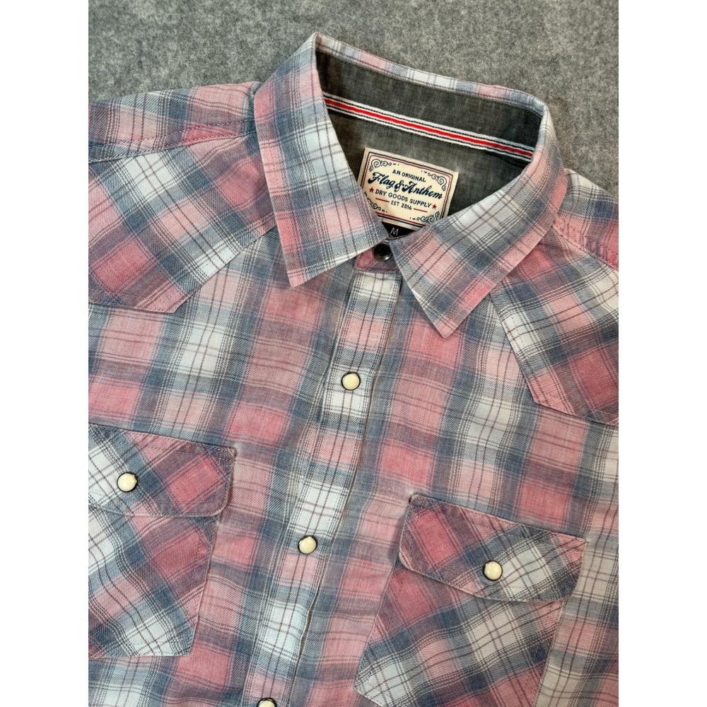 Flag & Anthem Mens Western Pearl Snap Shirt Pink Blue Plaid Short Sleeve Medium